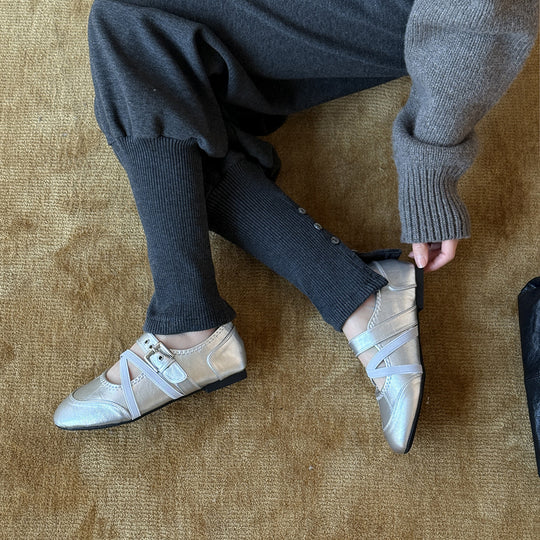 Damen Elegante Ballerinas mit doppeltem Riemen und hochwertiger Lederoberfläche R&B