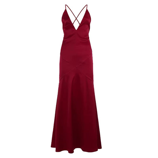 Damen Maxikleid mit tiefem V-Ausschnitt und gekreuzten Spaghettiträgern R&B