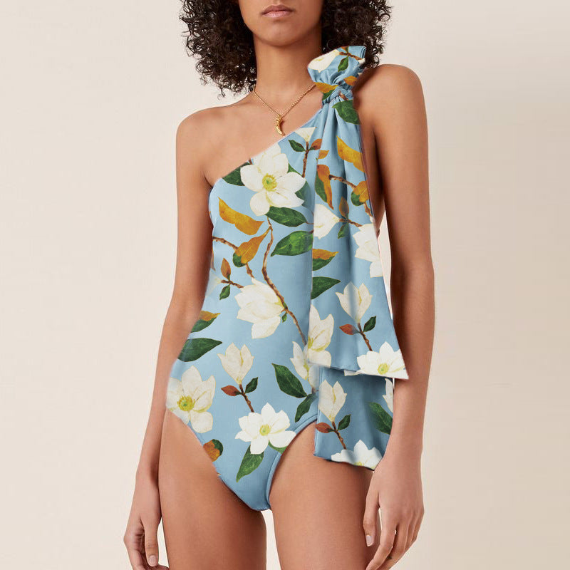 Damen Einseitiger Badeanzug mit floralem Design und elegantem Schleifen-Detail R&B