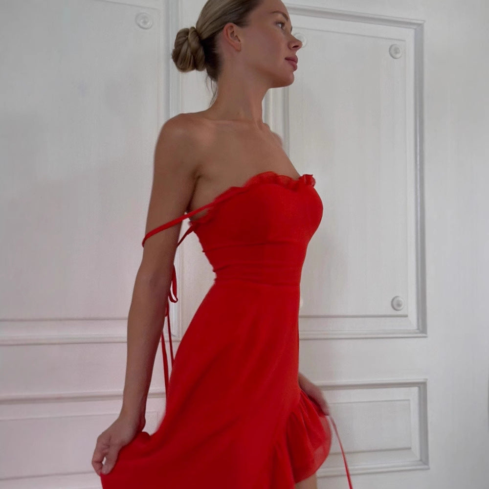 Damen asymmetrisches Abendkleid mit Rüschendetails und Spaghetti-Trägern R&B