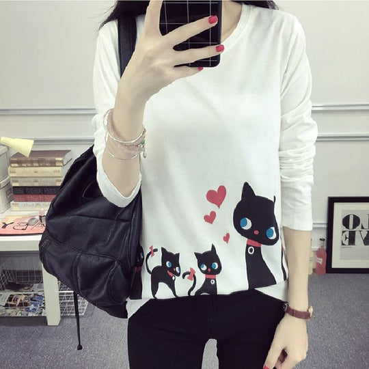 Damen Langarm-T-Shirt mit kreativem Katzenmotiv R&B