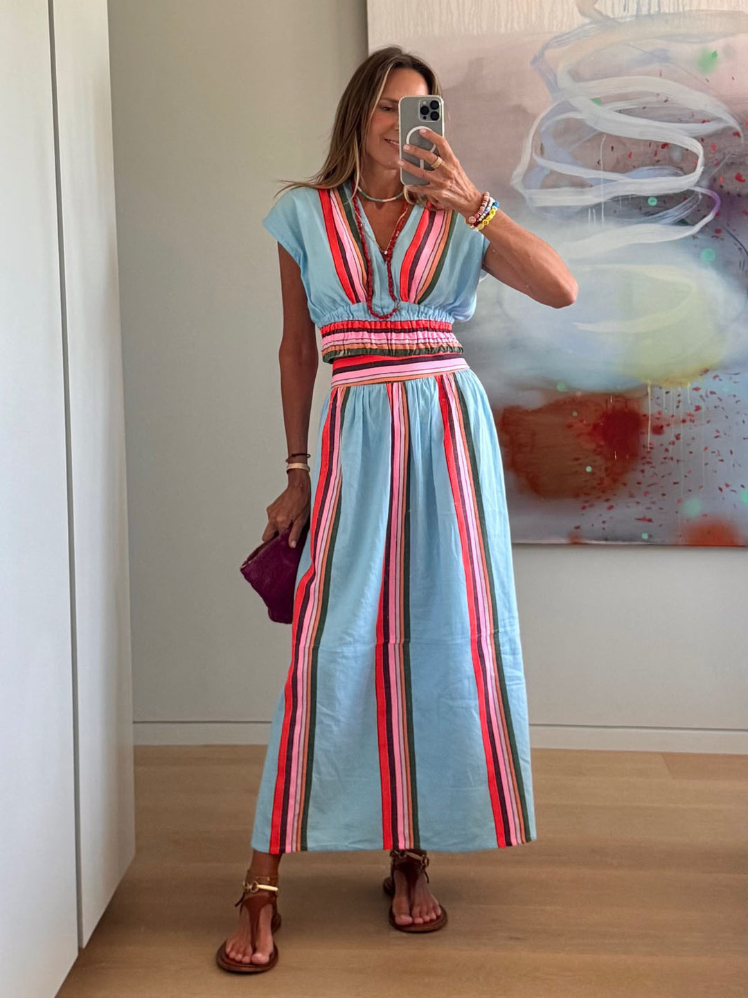 Damen Strandmaxi-Kleid mit elastischem Taillenbund und buntem Streifenmuster R&B
