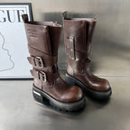 Damen Modische Biker-Stiefel mit robustem Profil und verstellbaren Schnallen R&B