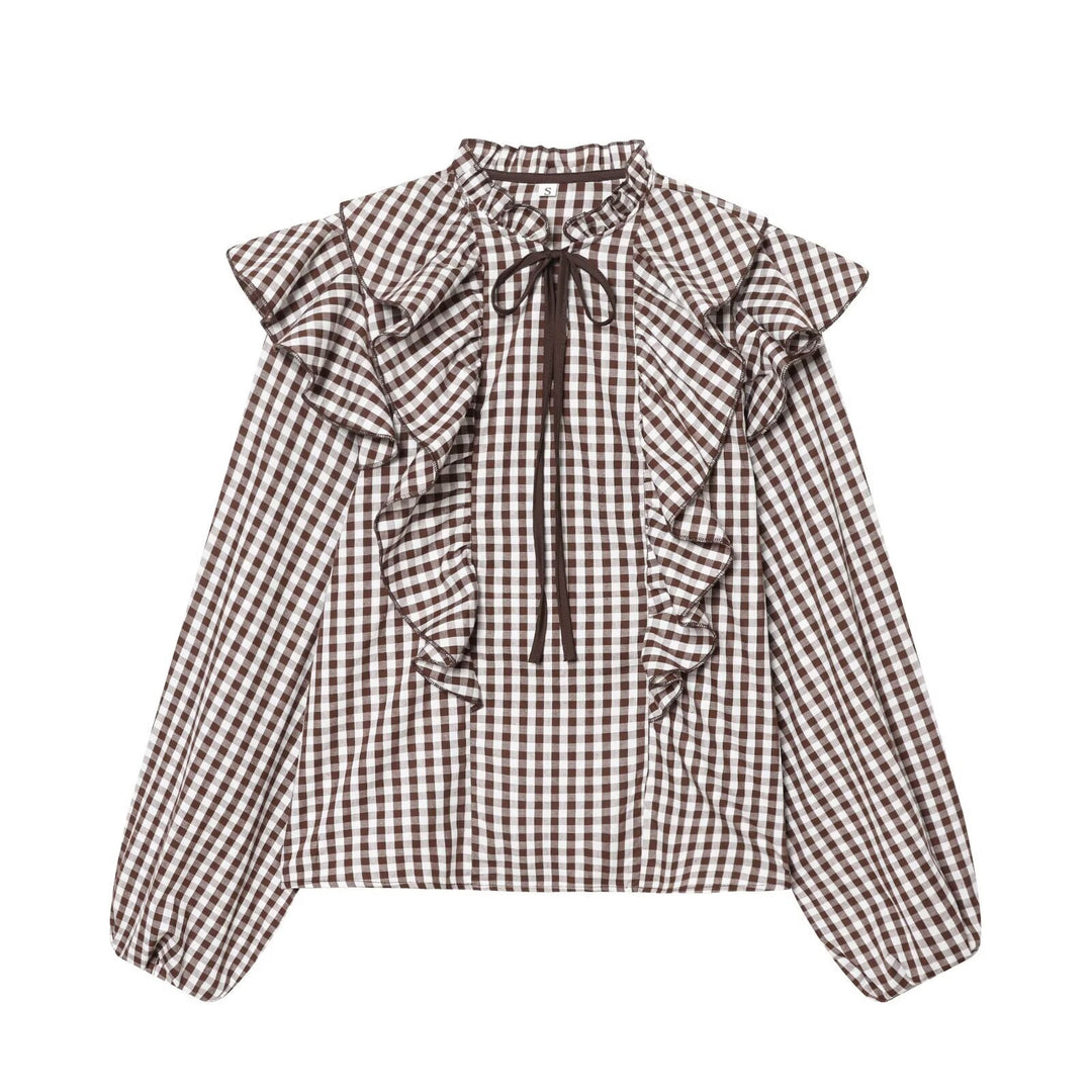 Damen Rüschenshirt mit klassischen Karomuster und eleganten Bindebändern R&B