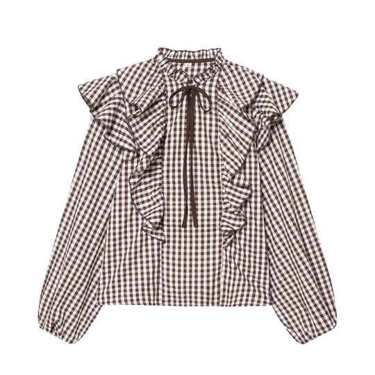 Damen Rüschenshirt mit klassischen Karomuster und eleganten Bindebändern R&B