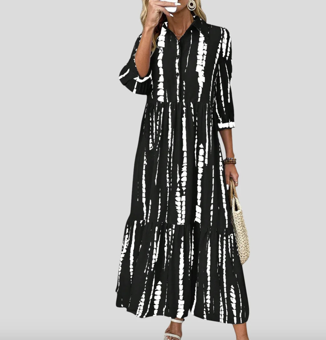 Damen Langarm Maxikleid mit modernen Streifenmuster und Taschen R&B