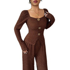 Damen nan tailliertes Blusen- und Hosen-Set aus Crinkle-Plissee mit Puffärmeln und Zierknöpfen R&B