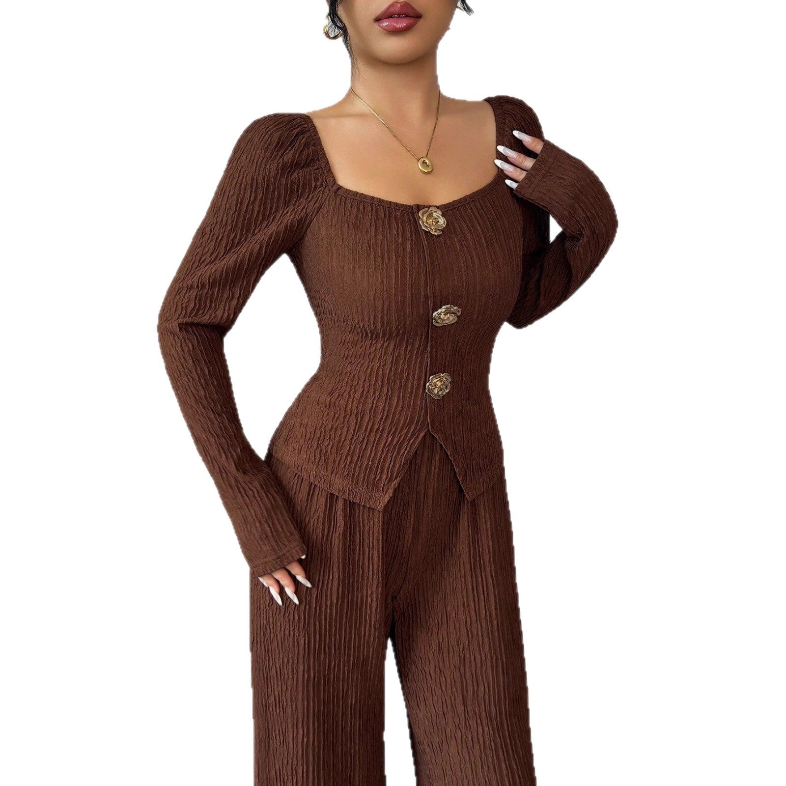 Damen nan tailliertes Blusen- und Hosen-Set aus Crinkle-Plissee mit Puffärmeln und Zierknöpfen R&B