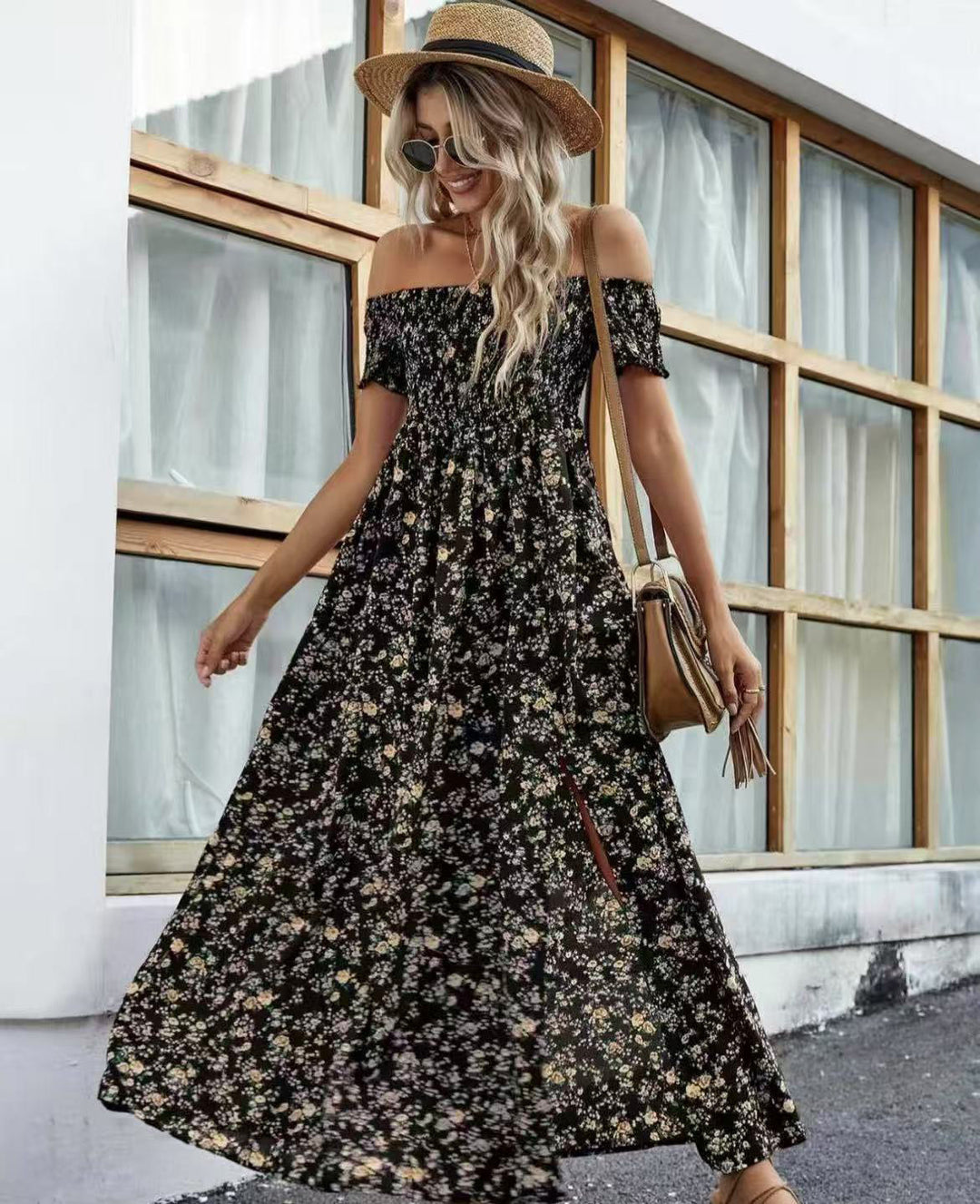 Damen luftiges Maxikleid mit schulterfreien Ärmeln und floralem Muster R&B
