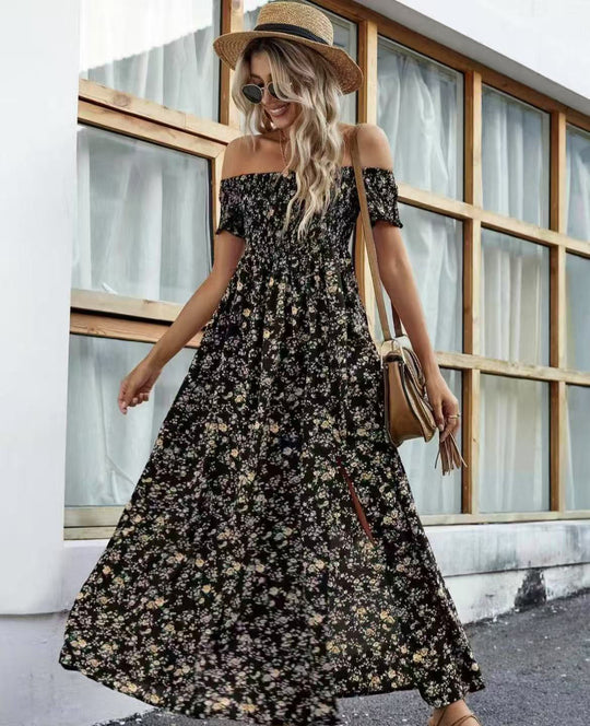 Damen luftiges Maxikleid mit schulterfreien Ärmeln und floralem Muster R&B