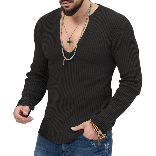 Herren Langarm-Rippenpullover mit tiefem V-Ausschnitt und modernem Schnitt R&B