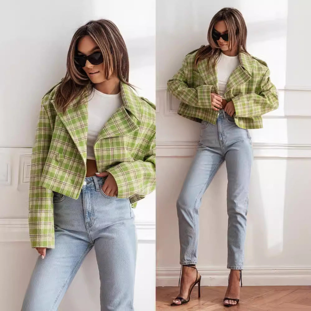 Damen Karierte Cropped Jacke R&B