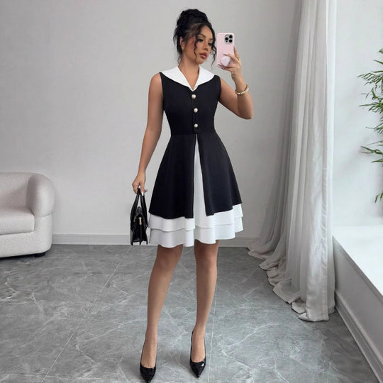Damen Sommerkleid mit modischem Kragen und Knopfdetails R&B