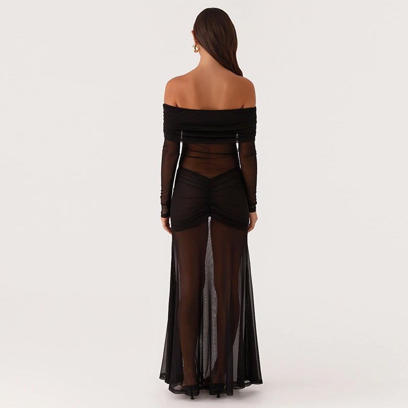 Damen durchsichtiges Maxikleid mit schulterfreiem Design und Rüschungen R&B