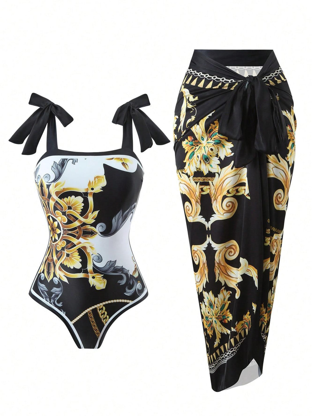 Damen Eleganter Badesuit mit floralen Akzenten und modischem Wickelrock R&B