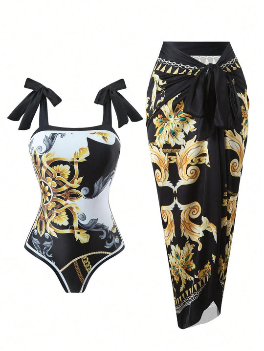 Damen Eleganter Badesuit mit floralen Akzenten und modischem Wickelrock R&B