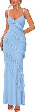 Damen Maxikleid mit Rüschen und Spaghettiträgern R&B