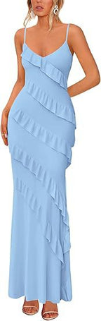 Damen Maxikleid mit Rüschen und Spaghettiträgern R&B