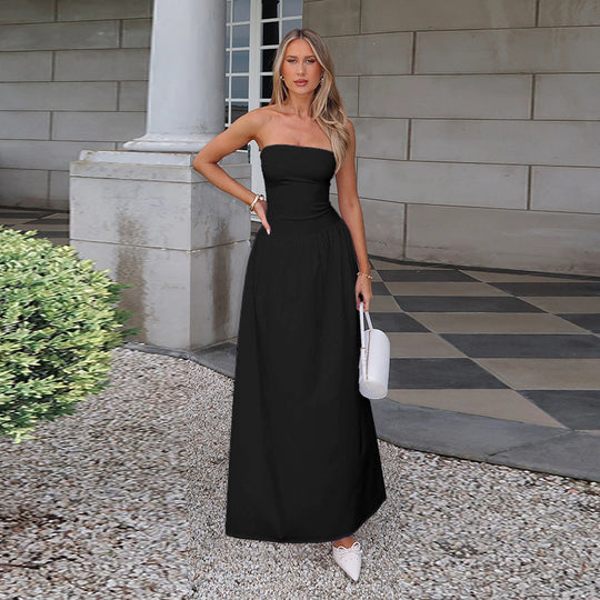 Damen elegantes Bandeau-Maxi-Kleid mit schwingendem Rock und elastischem Bund R&B
