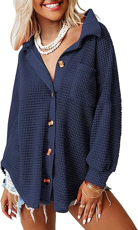 Damen lässige Waffle-Hemdenjacke mit Knopfverschluss R&B