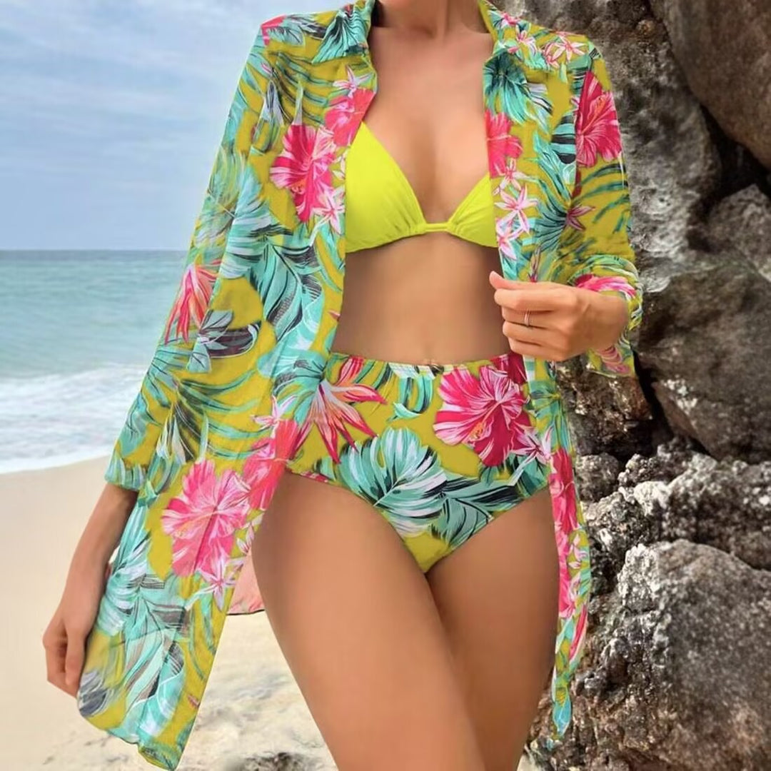 Damen Bikiniset mit floralem Muster und transparenter Strandüberwurf R&B