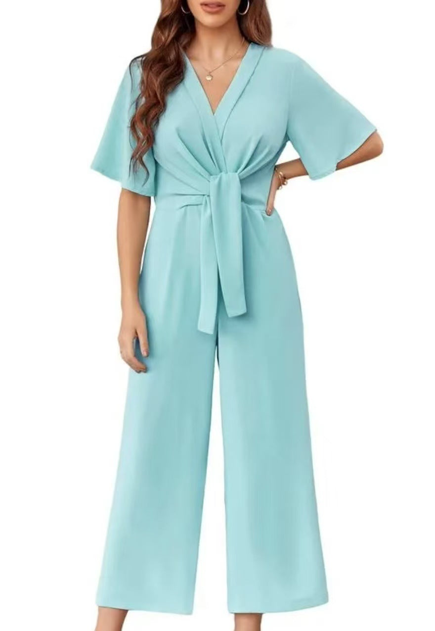 Damen eleganter Wickel-Jumpsuit mit weiten Beinen und Taillengürtel R&B