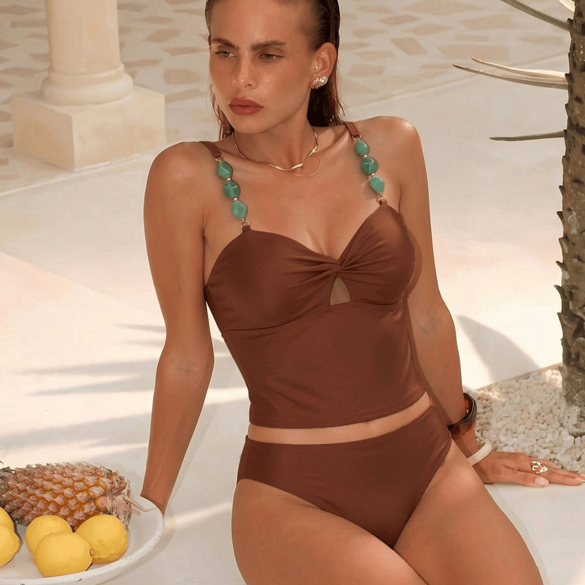 Damen Crop-Top Bikini mit dekorativen Trägerdetails R&B