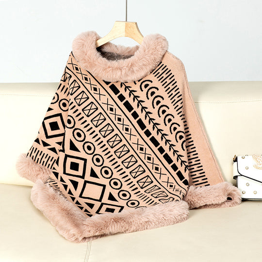 Damen modischer Poncho mit dekorativem Kunstfellkragen R&B