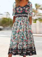 R&B | Rundhalsausschnitt Kurzarm Bohemian Print Kleid Frauen