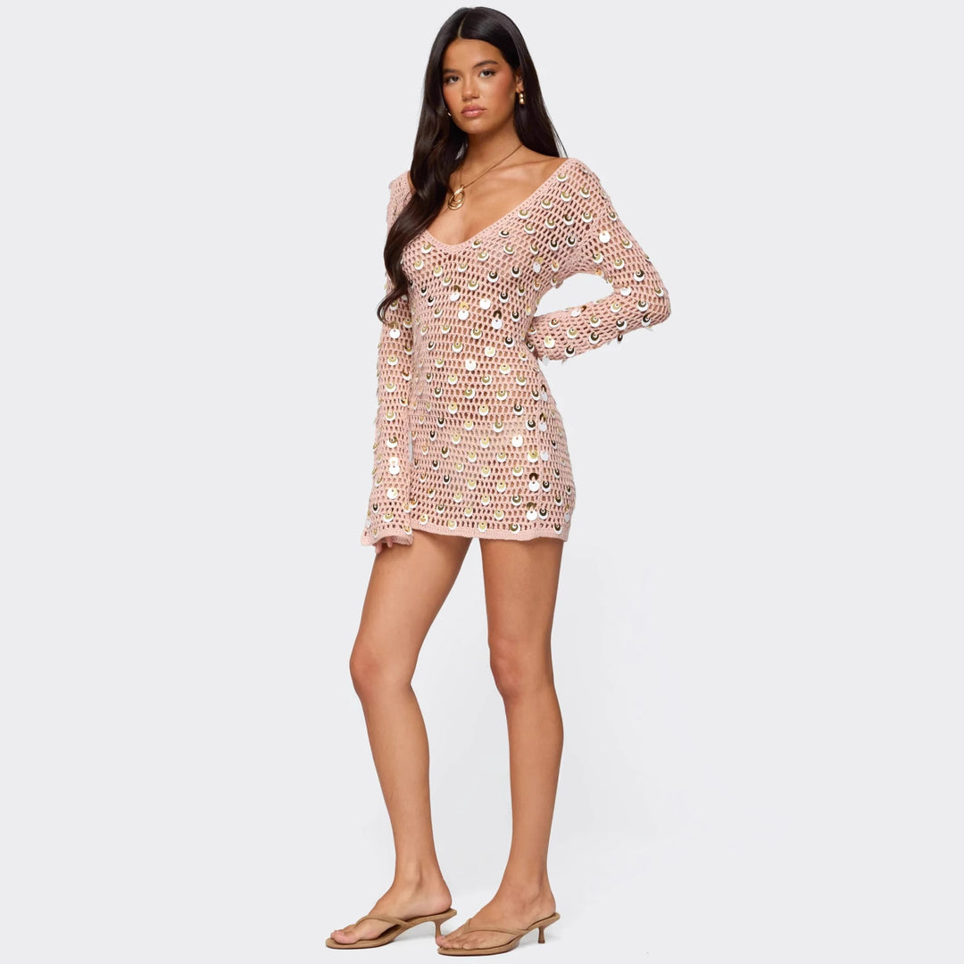 Damen Glitzerndes Überwurfkleid mit V-Ausschnitt und langen Ärmeln R&B