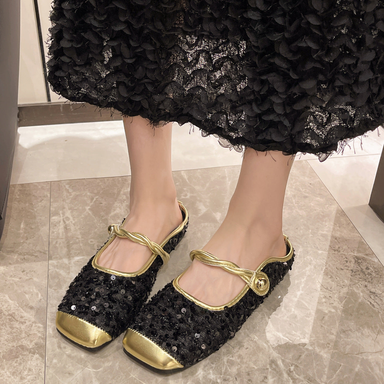 Damen elegante Slip-On Balettschläppchen mit glitzernden Applikationen R&B