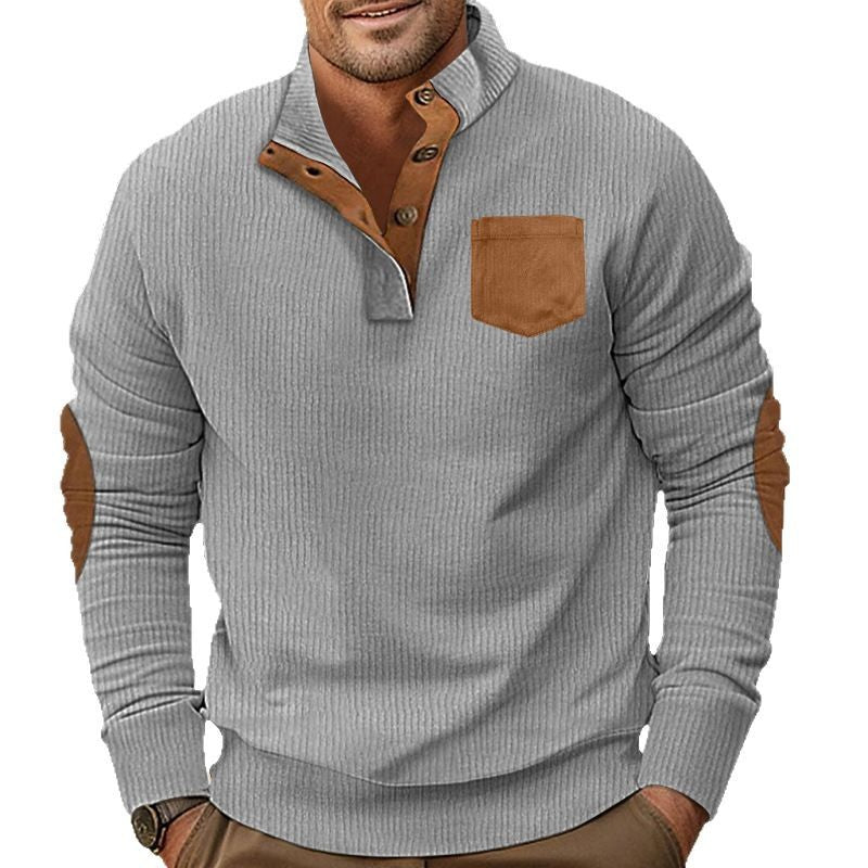 Herren nan strukturiertes Halbknopf-Troyer mit Kentkragen, Brusttasche und Lederoptik-Ellbogenpatches R&B