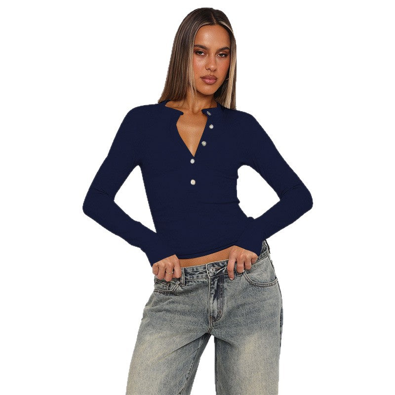 Damen Langarmshirt mit Knopfleiste und figurbetontem Schnitt R&B