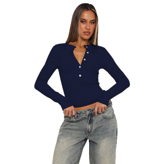 Damen Langarmshirt mit Knopfleiste und figurbetontem Schnitt R&B