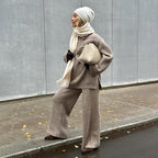 Damen Strick-Loungewear-Ensemble mit weitem Schnitt und hohem Kragen R&B