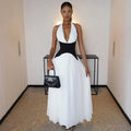 Damen Elegantes Maxikleid mit tiefem V-Ausschnitt und stilvollem Farbkontrast R&B