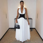 Damen Elegantes Maxikleid mit tiefem V-Ausschnitt und stilvollem Farbkontrast R&B