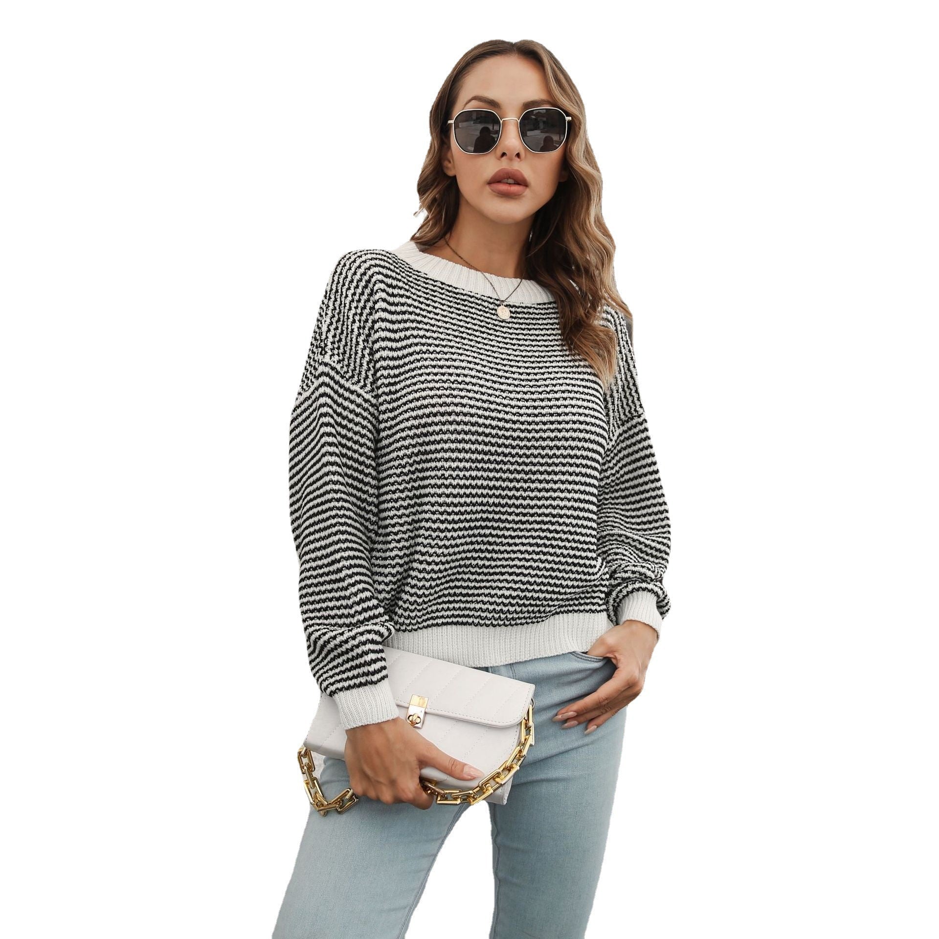 Damen Weit geschnittener Strickpullover mit modernem Wellenmuster und weitem Ausschnitt R&B