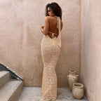 Damen Elegantes langes Spitzenkleid mit tiefem V-Ausschnitt und offenem Rücken R&B