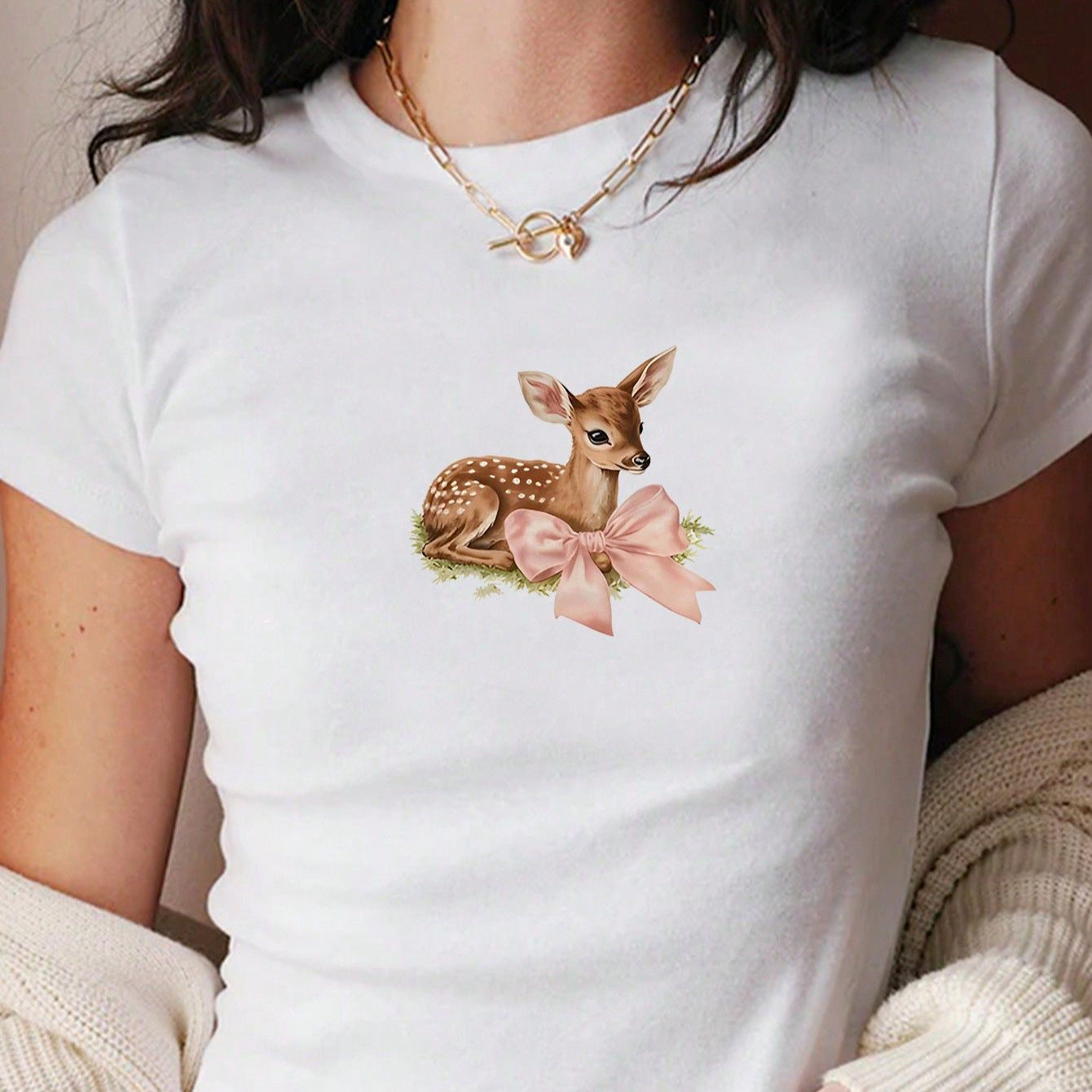 Damen Crop-T-Shirt mit bezauberndem Reh-Motiv und zartem Schleifendetail R&B