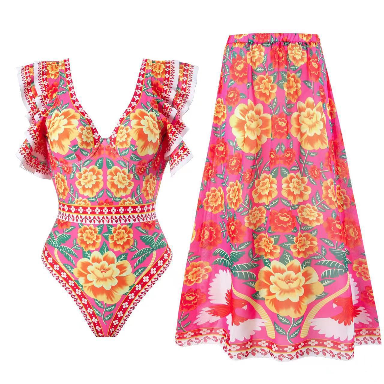 Damen Badeanzug mit modischen Rüschendetails und floralem Wickelrock R&B