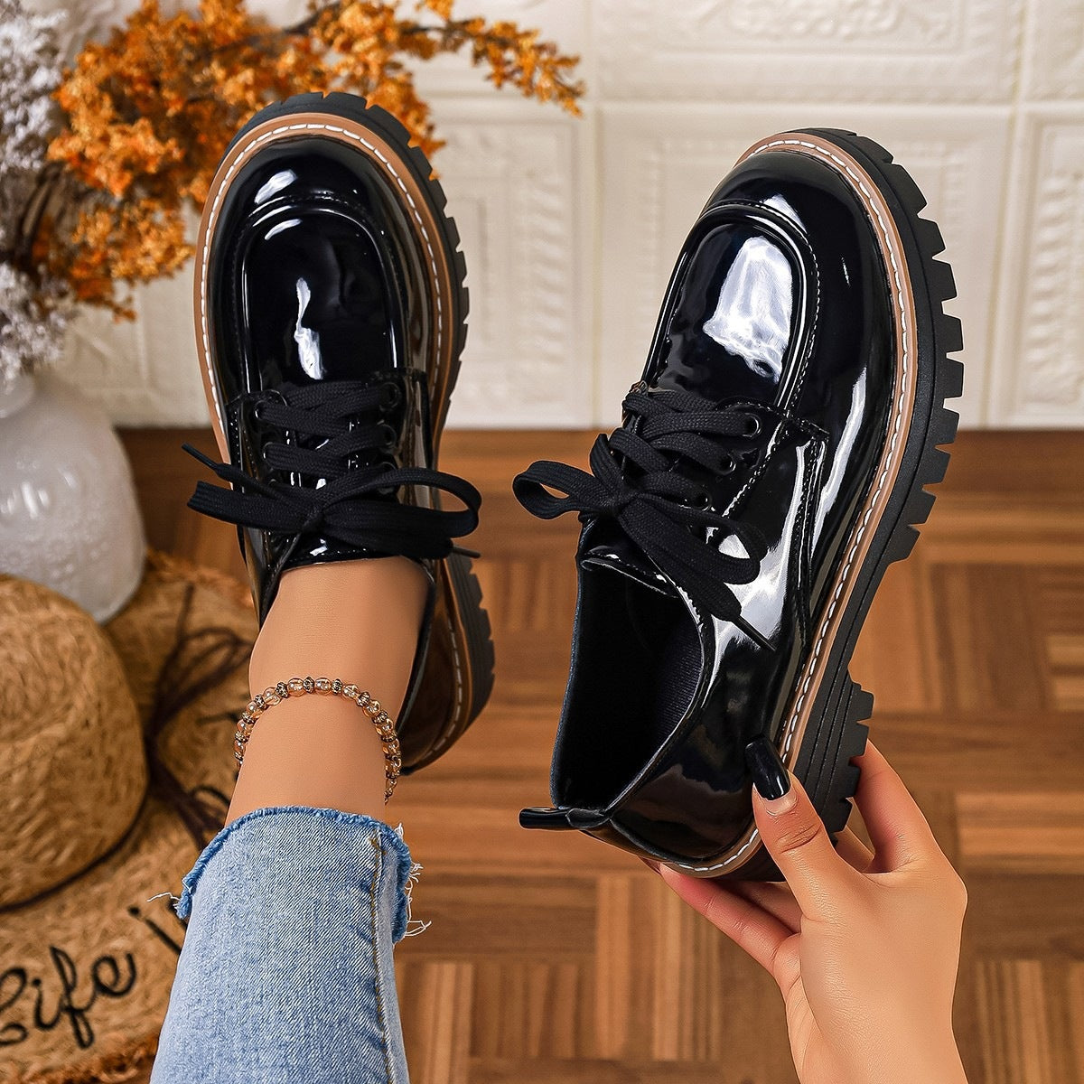 Damen Modische und robuste Schnürschuhe mit glänzender Oberfläche R&B