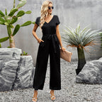 Damen Elegant geschnittener Jumpsuit mit weitem Bein und Taillengürtel R&B