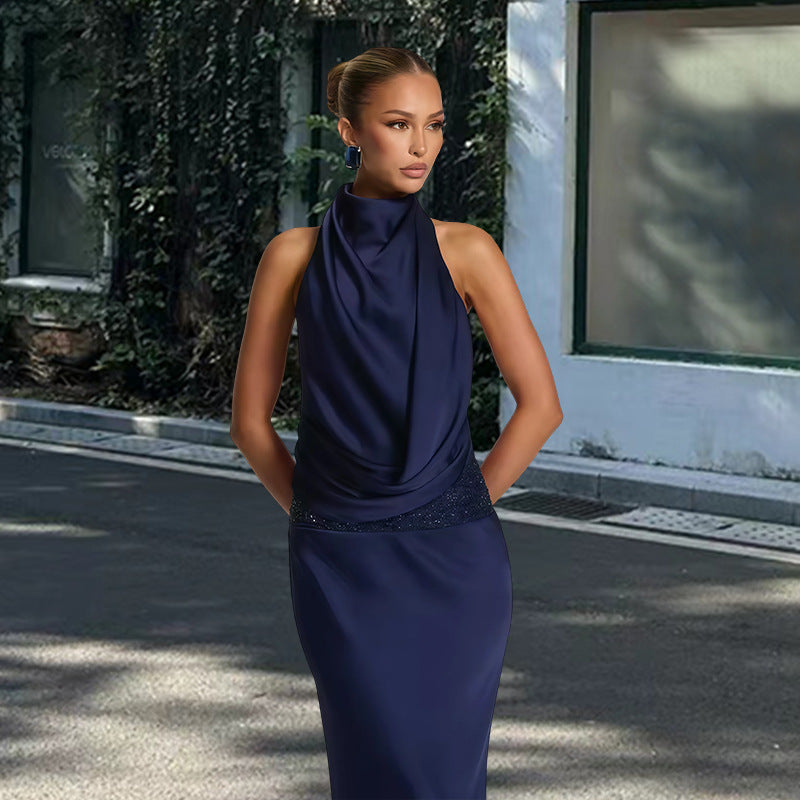 Damen elegantes Abendkleid mit tiefem Wasserfall-Ausschnitt und innovativer Drapierung R&B
