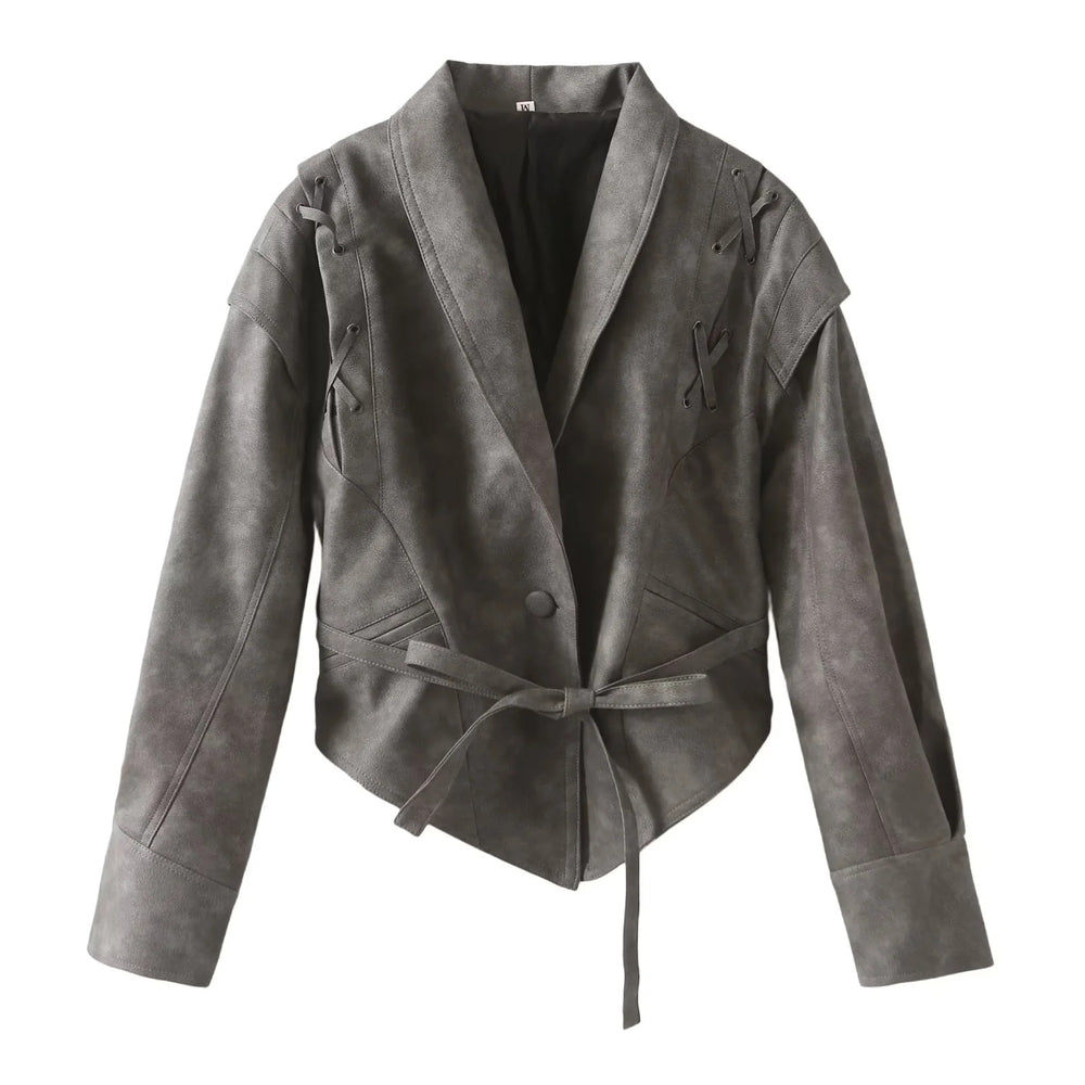 Damen Kunstlederblazer im modernem Design mit praktischem Gürtel R&B