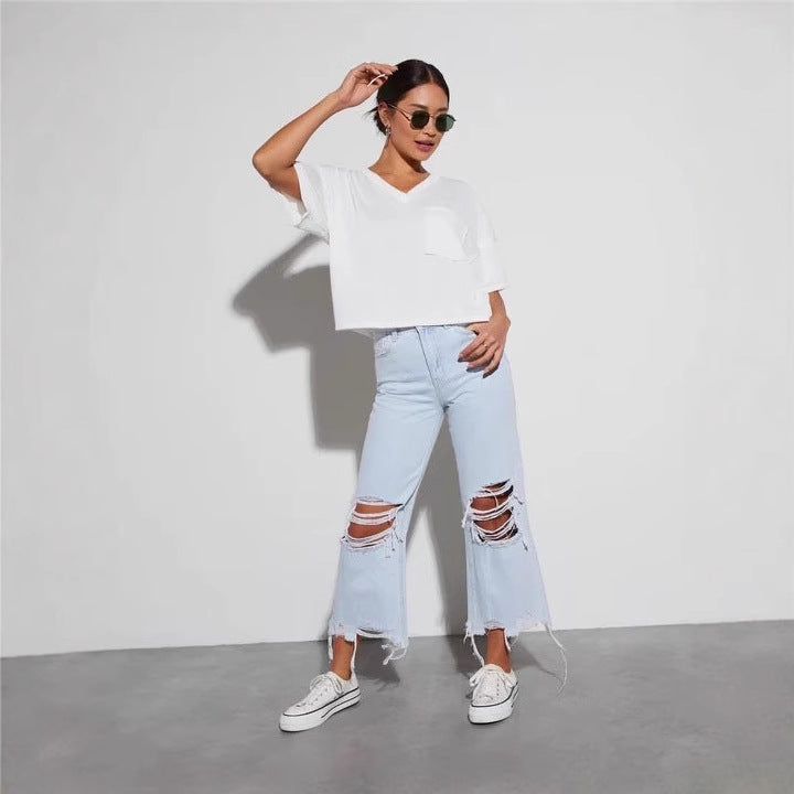 Damen lässige Boyfriend Jeans mit auffälligen Destroyed-Details und weitem Bein R&B