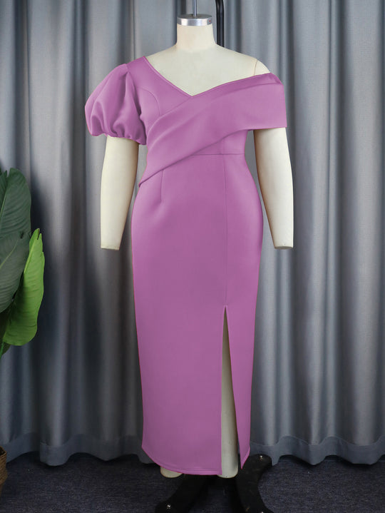 Damen Elegantes Maxikleid mit asymmetrischem Ausschnitt und voluminösen Puffärmeln R&B