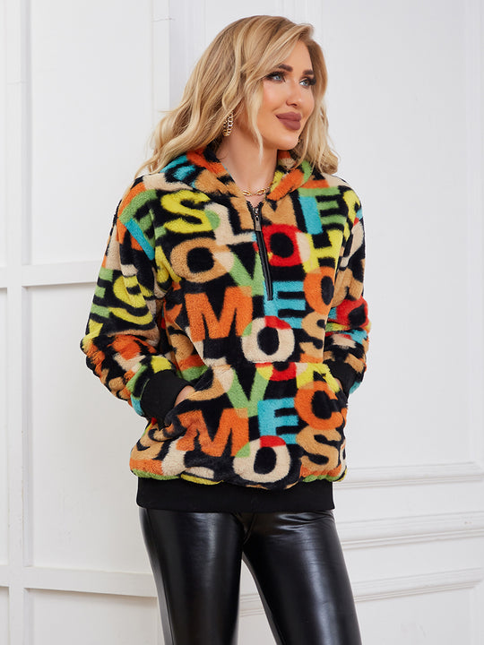 Damen Flauschige Oberjacke mit buntem Farbdesign und flauschigem Innenfutter R&B