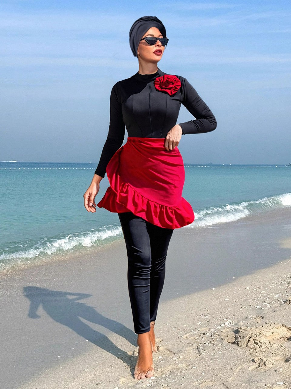 Damen Modischer Badeanzug mit Rock und Langarm R&B
