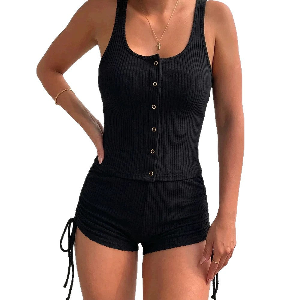 Damen Sportliches Bustier-Shorts-Set mit dekorativen Knöpfen und raffinierten Binde-Details R&B